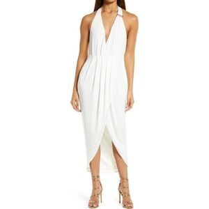 bebe Asymmetric Halter Dress Women's XS White Midi V-Neck Sleeveless Wrap Style
